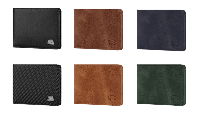 Kleine Geldbörse 8061 mit Münzfach in verschiedenen Lederfarben, darunter Schwarz, Braun, Blau, Schwarz-Carbon und Olive