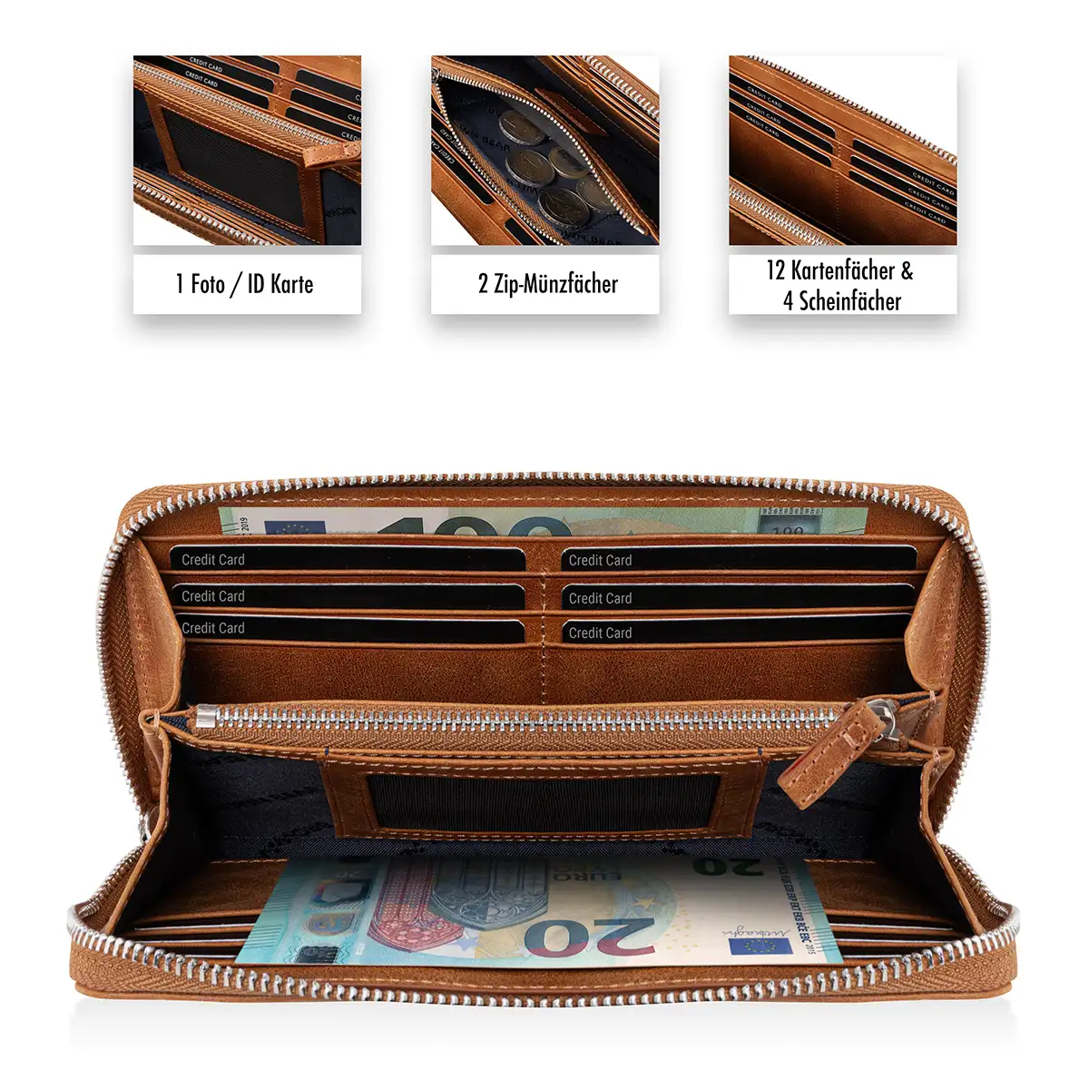 Geöffnete Braun-Cognac Geldbörse Golf Conny aus Leder von Brown Bear mit Kartenfächern, Ausweisfach und 2 Zip-Geldscheinen