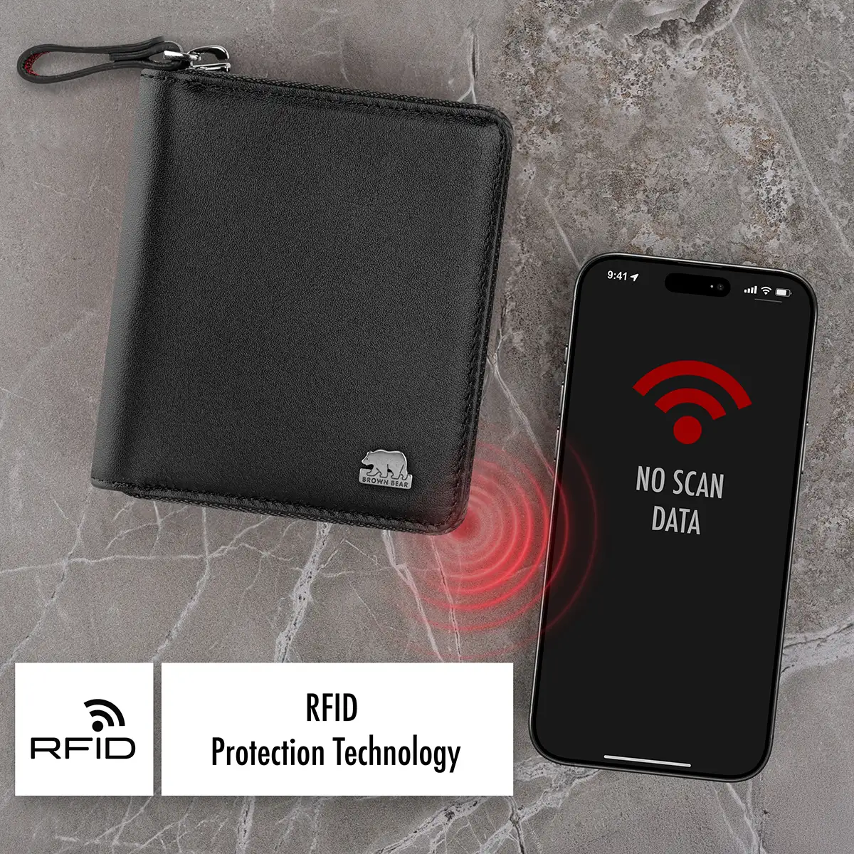 Brown Bear ZIP-Geldbörse Classic 8009 Schwarz-Nappa mit RFID-Schutz gegen Datendiebstahl