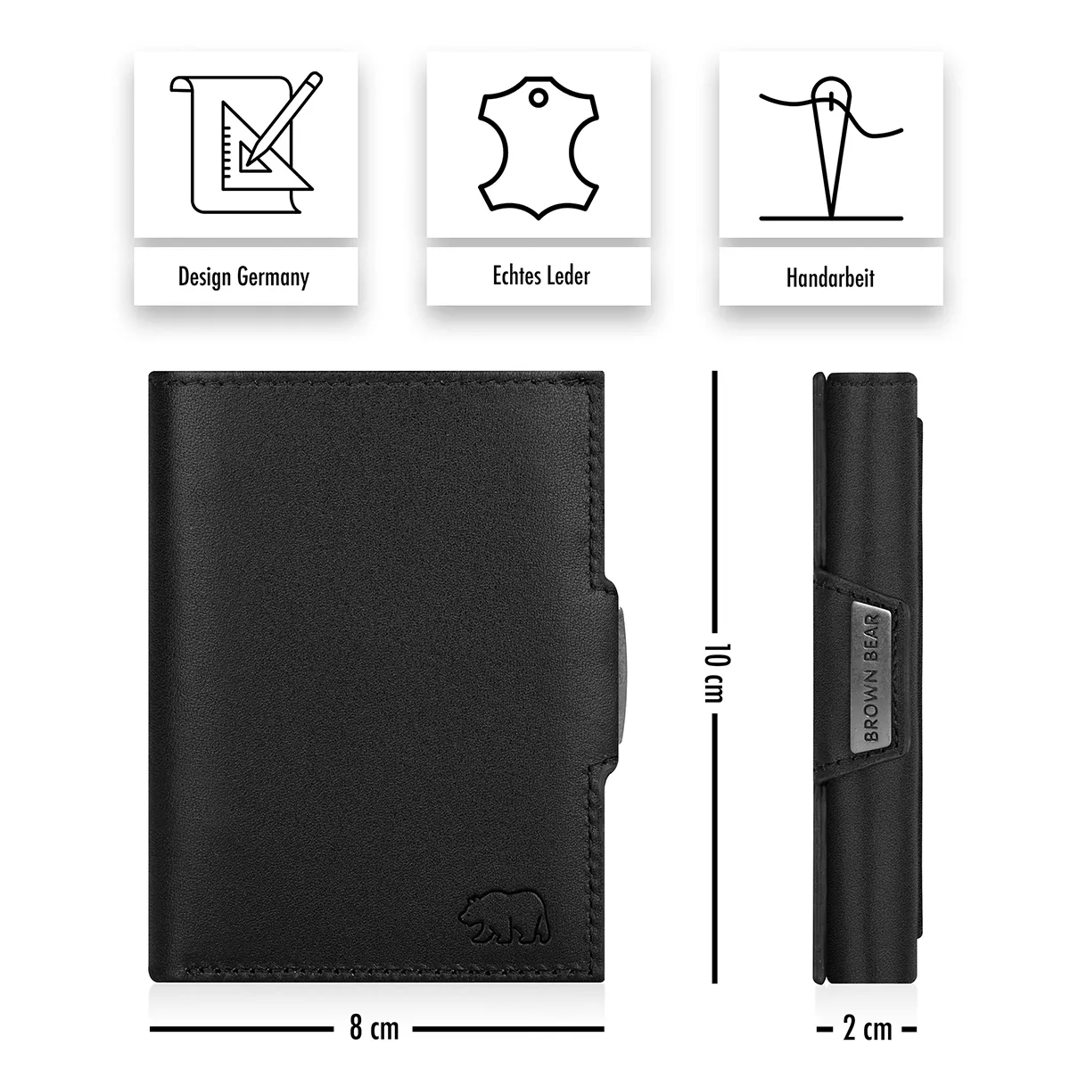 Schwarzes Slim Wallet aus Leder von Brown Bear mit Maßen 10 x 8 cm und schlankem Profil von 2 cm in Front und Seitenansicht