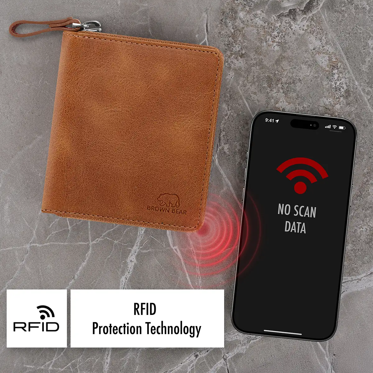 Brown Bear ZIP-Geldbörse Classic 8009 Braun-Cognac mit RFID-Schutz gegen Datendiebstahl