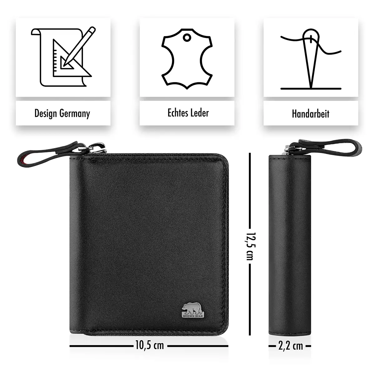 Kompakt-Maße 10,5 x 12,5 cm der Brown Bear ZIP-Geldbörse Classic 8009 in Schwarz-Nappa