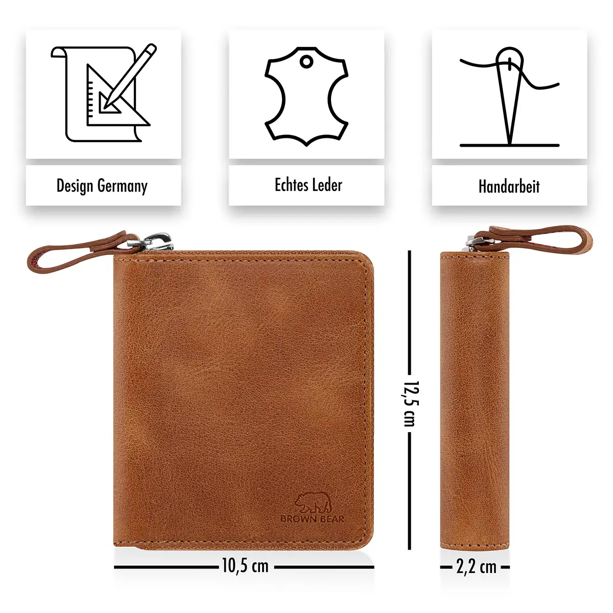 Kompakt-Maße 10,5 x 12,5 cm der Brown Bear ZIP-Geldbörse Classic 8009 in Braun-Cognac