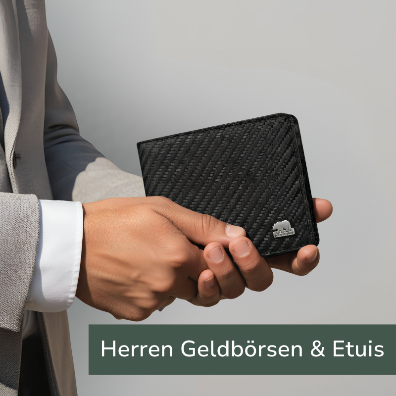 Herren Geldbörse aus schwarzem Leder von BROWN BEAR, stilvoll in Händen gehalten