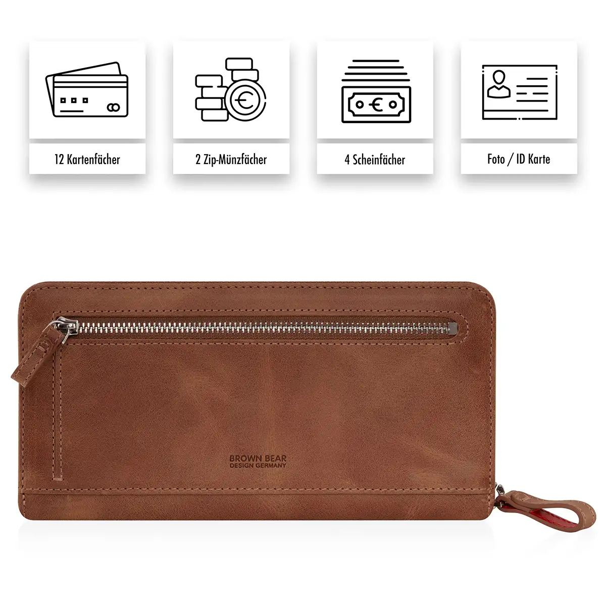 Brown Bear Geldbörse Golf Conny Braun-Vintage aus Leder mit 12 Kartenfächern, 2 Zip-Münzfächer und 4 Scheinfächer mit Ausweisfach