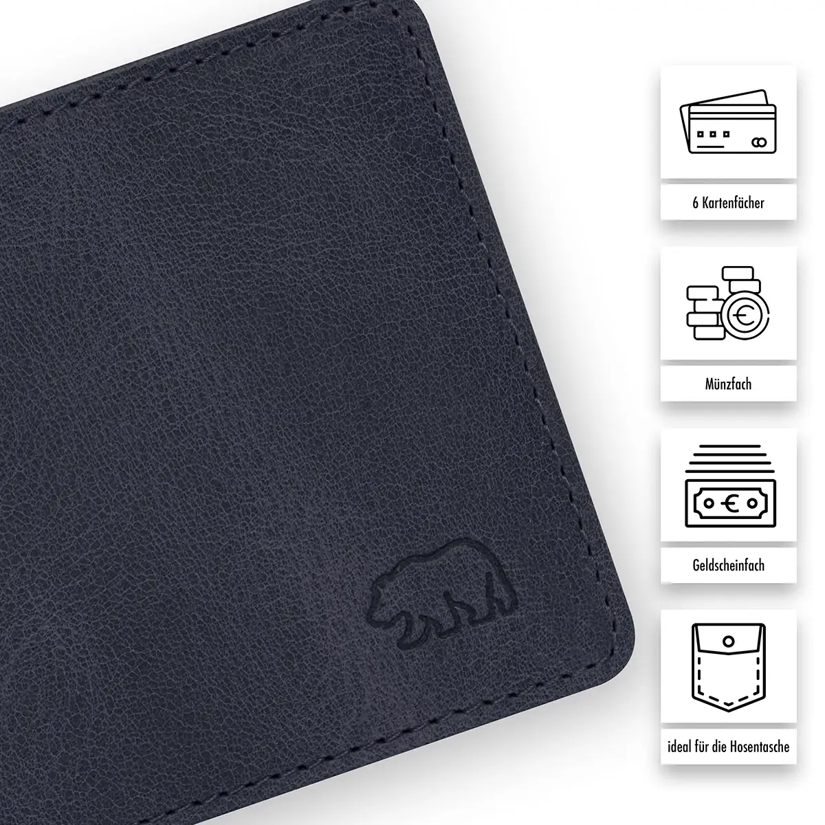 Detailaufnahme des Brown Bear Logos und Qualitätsmerkmale: 6 Kartenfächer, Münzfach, Geldscheinfach
