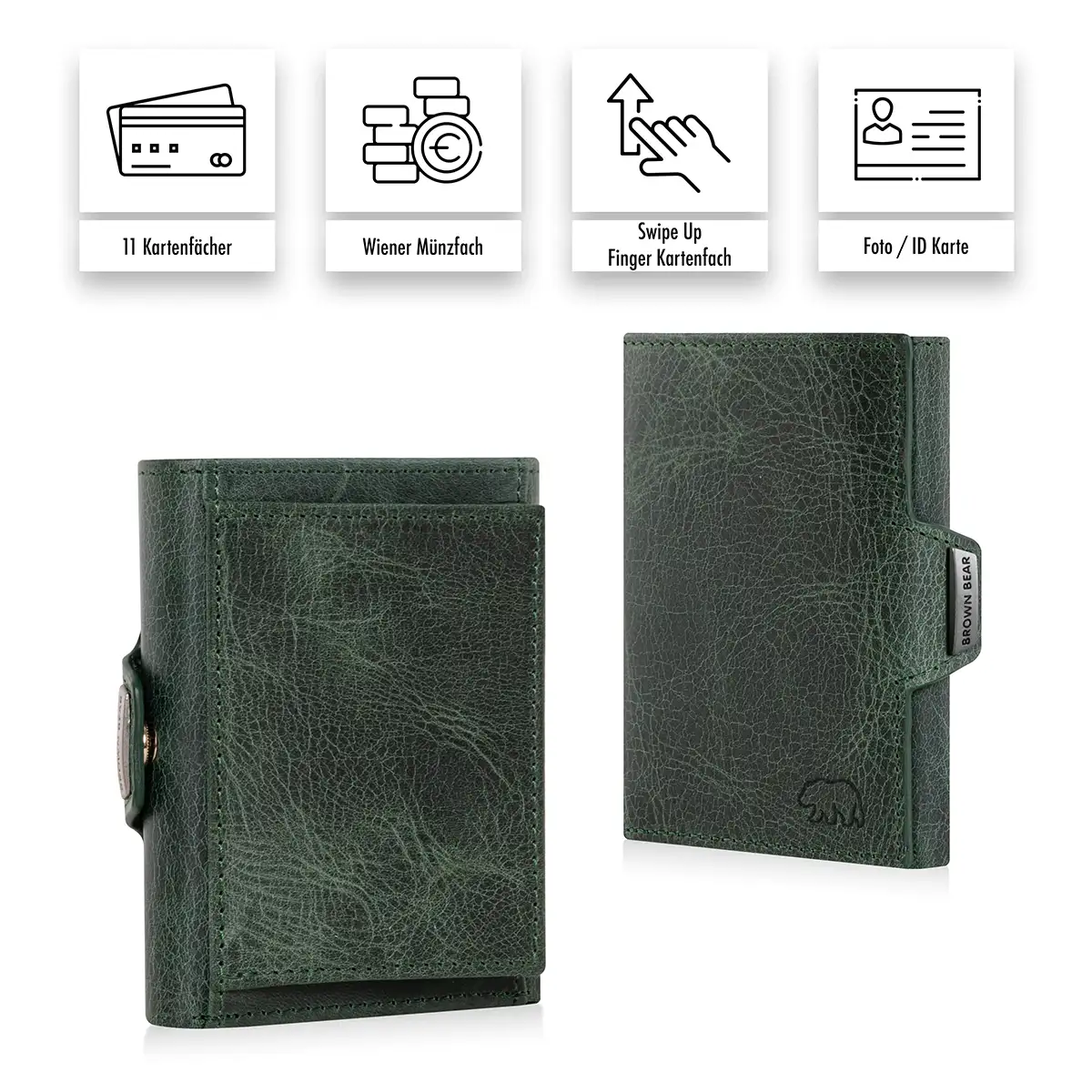 Brown Bear Bruce Slim Wallet Olive aus Leder mit 11 Kartenfächern, Münzfach und RFID Schutz in Detailansicht.