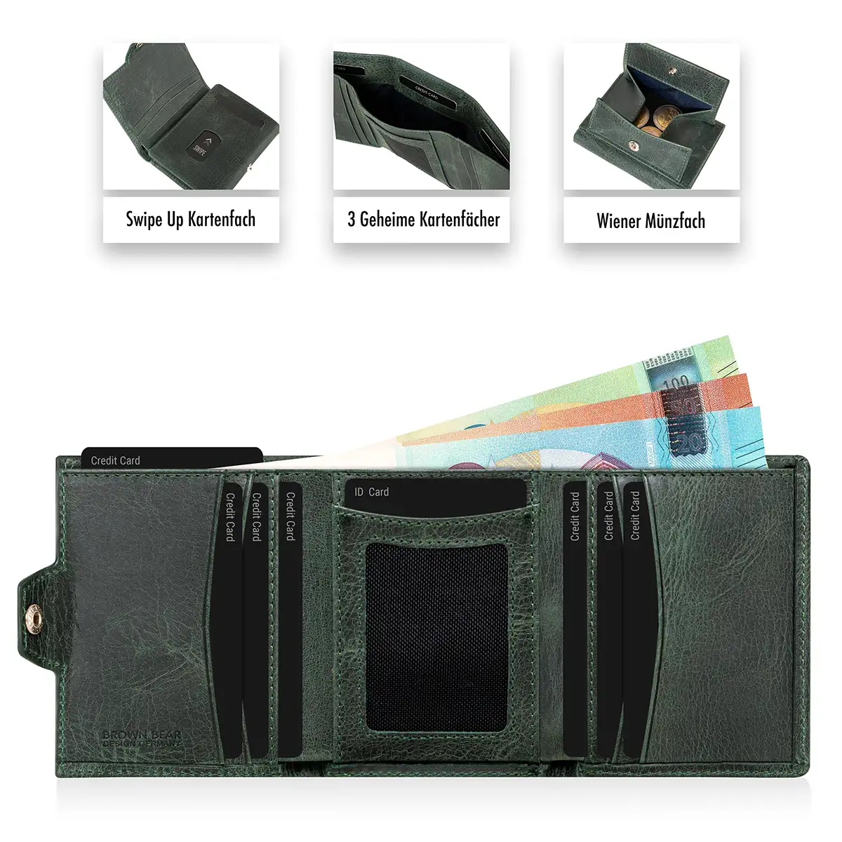 Geöffnete Olive Slim Wallet aus Leder von Brown Bear mit Kartenfächern, Ausweisfach und Geldscheinen im Innenbereich.