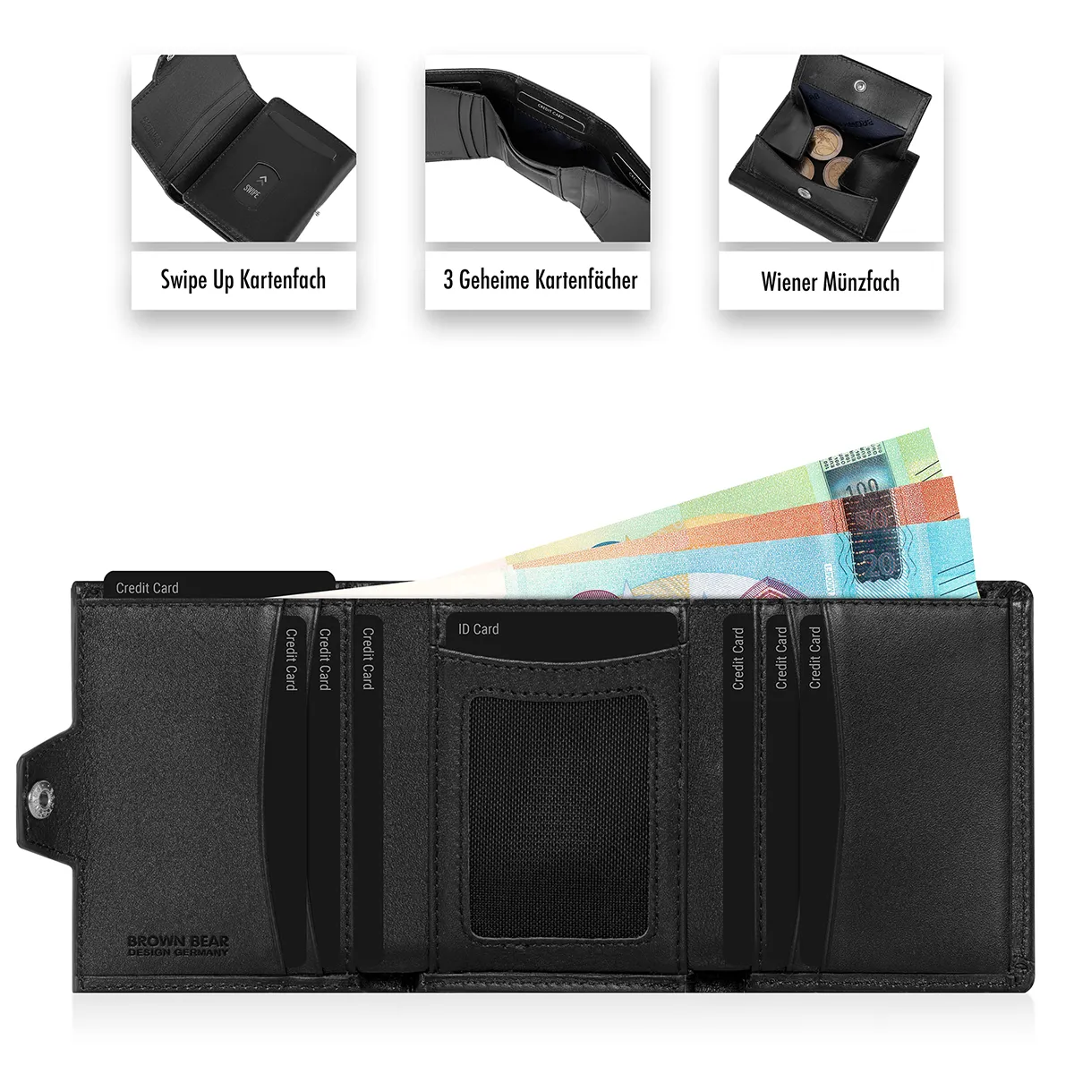 Geöffnete schwarze Slim Wallet aus Leder von Brown Bear mit Kartenfächern, Ausweisfach und Geldscheinen im Innenbereich