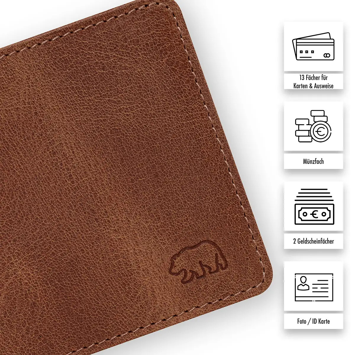 Detailaufnahme des Brown Bear Logos und Qualitätsmerkmale: 13 Kartenfächer, Münzfach, 2 Geldscheinfächer