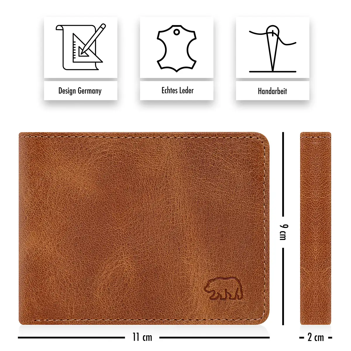 Kompakt-Maße 11 x 9 cm der Brown Bear 8061 Slim Wallet in Braun-Cognac