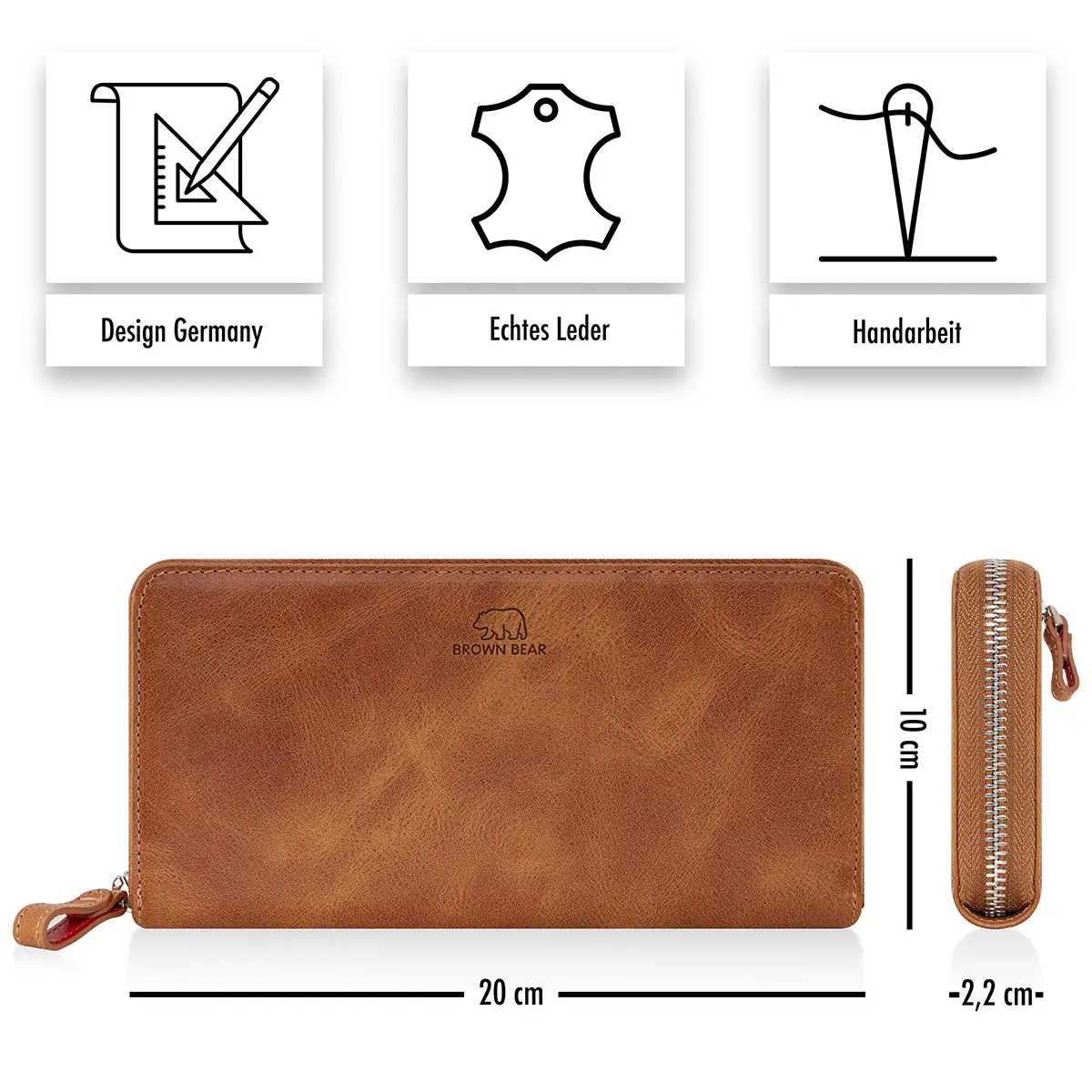 Braun-Cognac Geldbörse Golf Conny aus Leder von Brown Bear mit Maßen 20 x 10 cm und schlankem Profil von 2,2 cm in Front und Seitenansicht