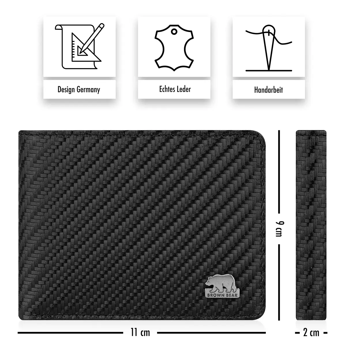 Kompakt-Maße 11 x 9 cm der Brown Bear 8061 Slim Wallet in Schwarz-Carbon