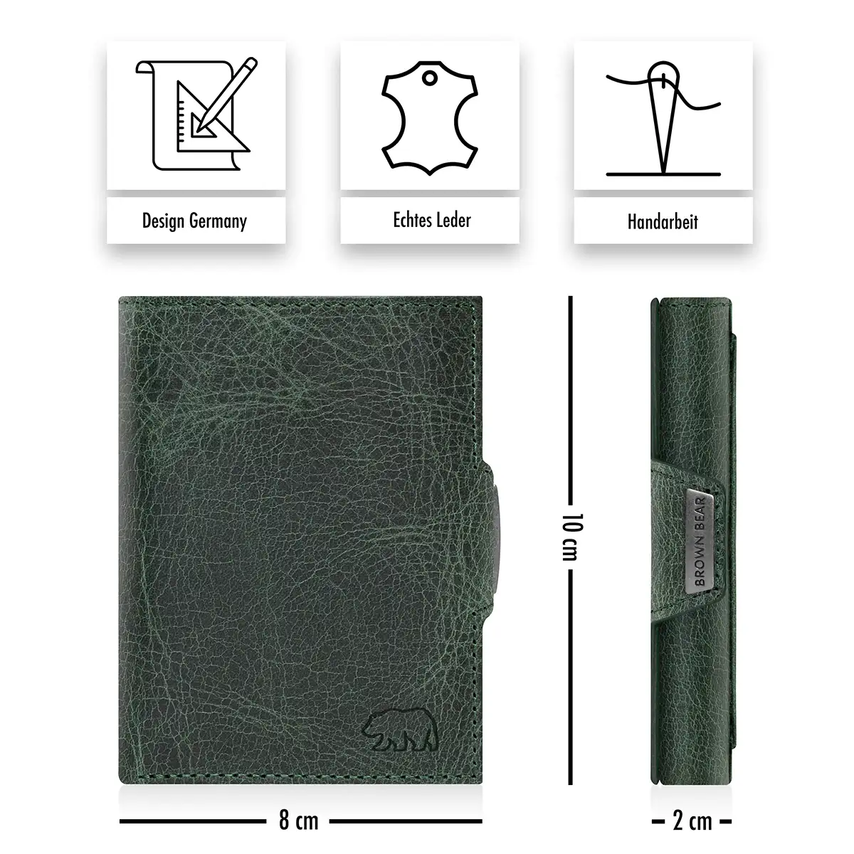 Olive Slim Wallet aus Leder von Brown Bear mit Maßen 10 x 8 cm und schlankem Profil von 2 cm in Front und Seitenansicht.