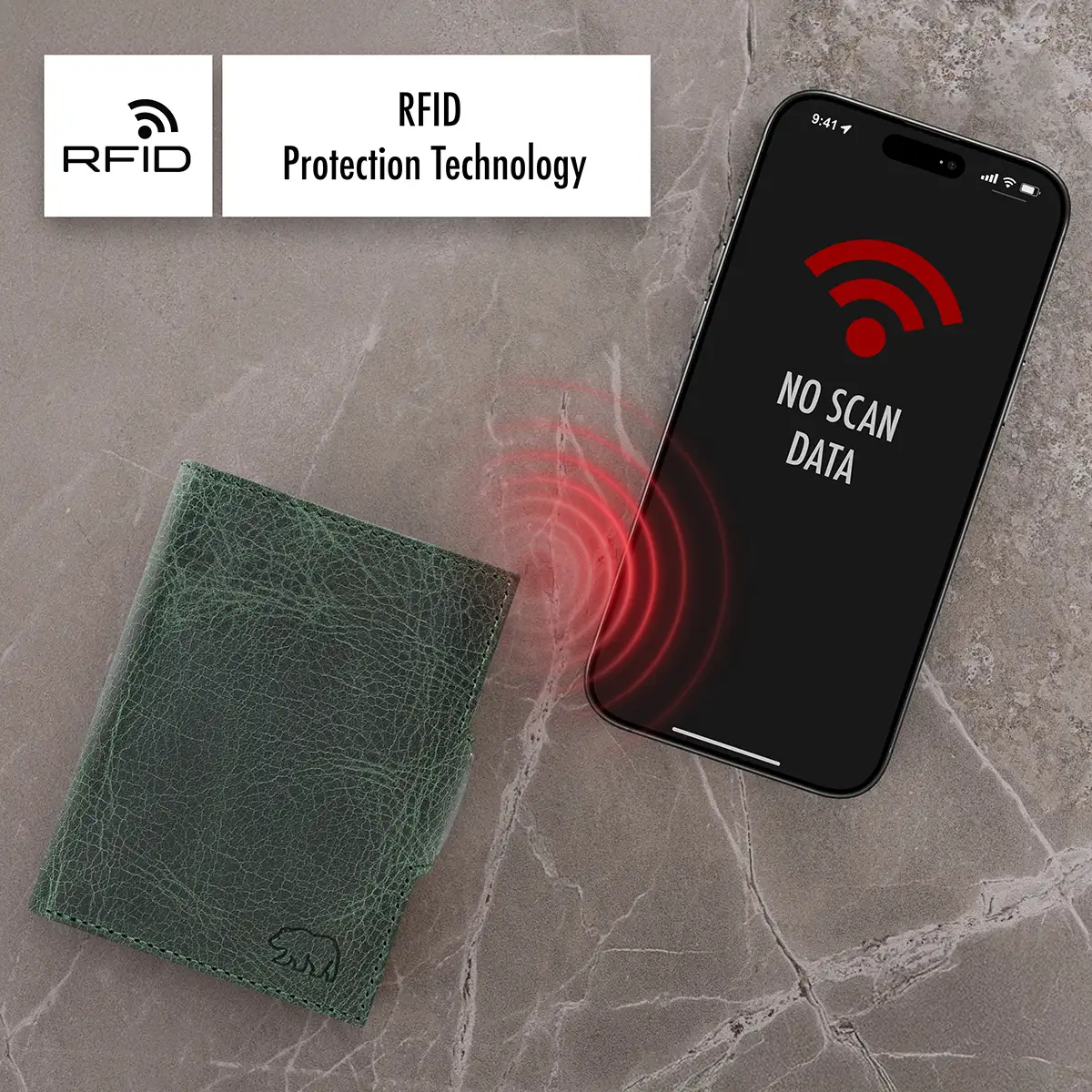 Olive Slim Wallet aus Leder von Brown Bear mit RFID Schutz, verhindert kontaktloses Auslesen von Karten.