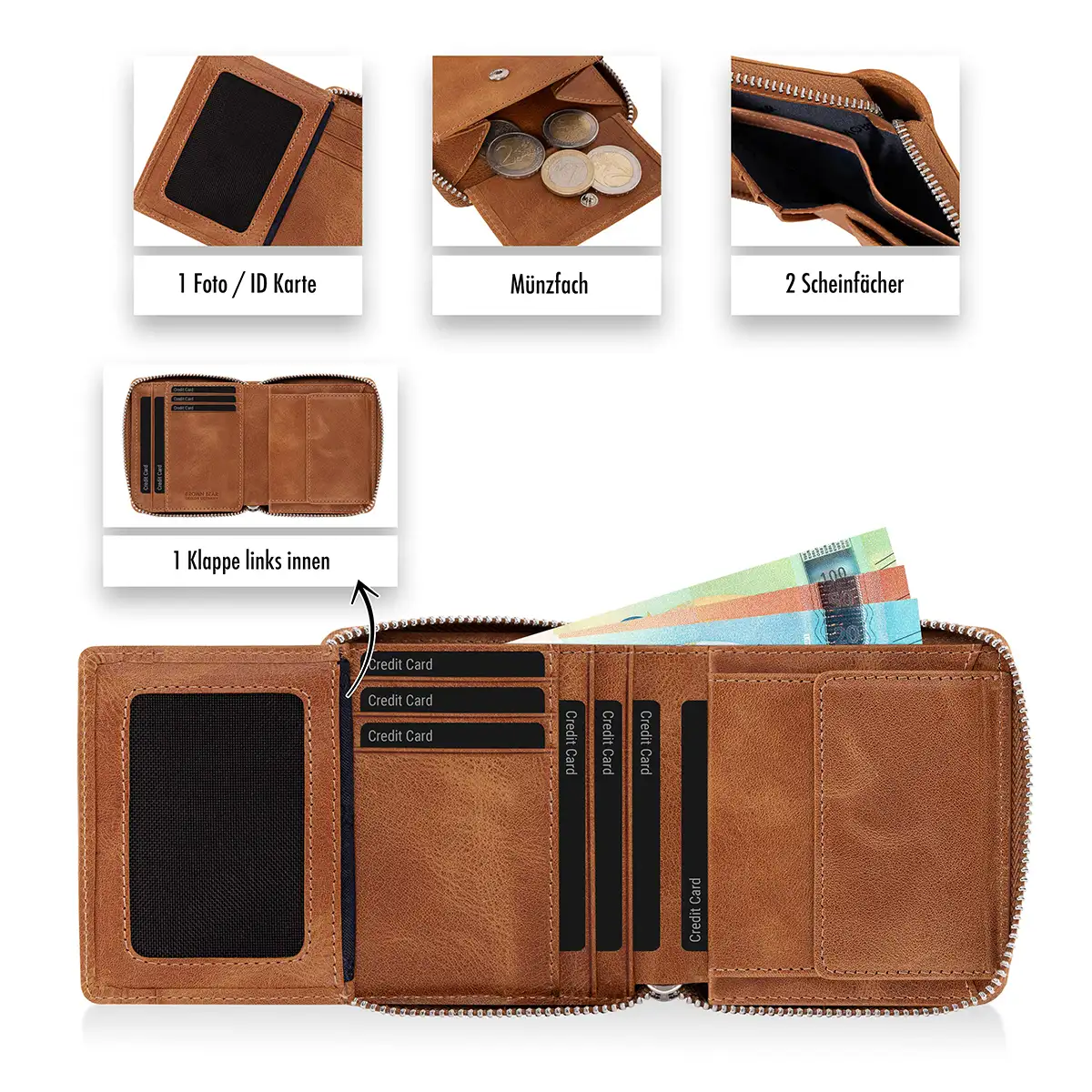 Geöffnete Classic 8009 Brown Bear ZIP-Geldbörse Braun-Cognac mit 10 Kartenfächern und Scheinfach