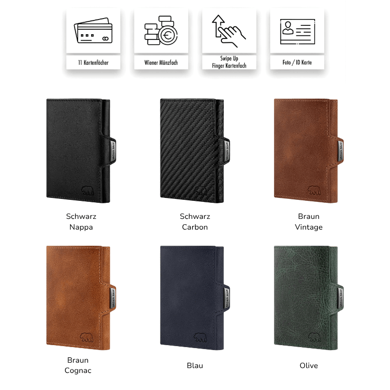 Übersicht der Brown Bear Slim Wallet Bruce Kollektion in sechs Farbvarianten (Schwarz Nappa, Schwarz Carbon, Braun Vintage, Braun Cognac, Blau und Olive) sowie Icons der Hauptfunktionen: 11 Kartenfächer, Wiener Münzfach, Swipe Up Finger Kartenfach und ein