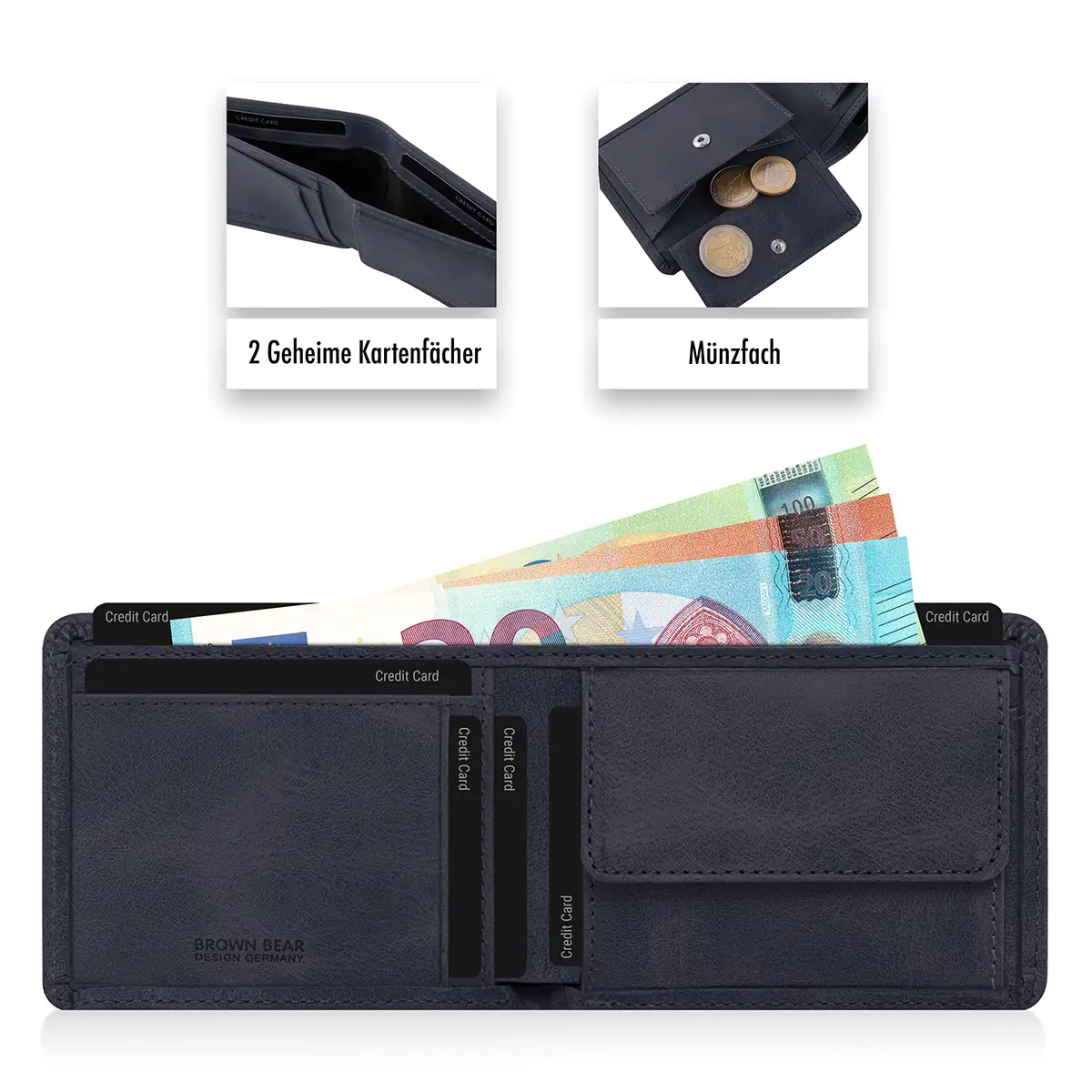 Geöffnete 8061 Geldbörse Blau mit 6 Kartenfächern und Scheinfach