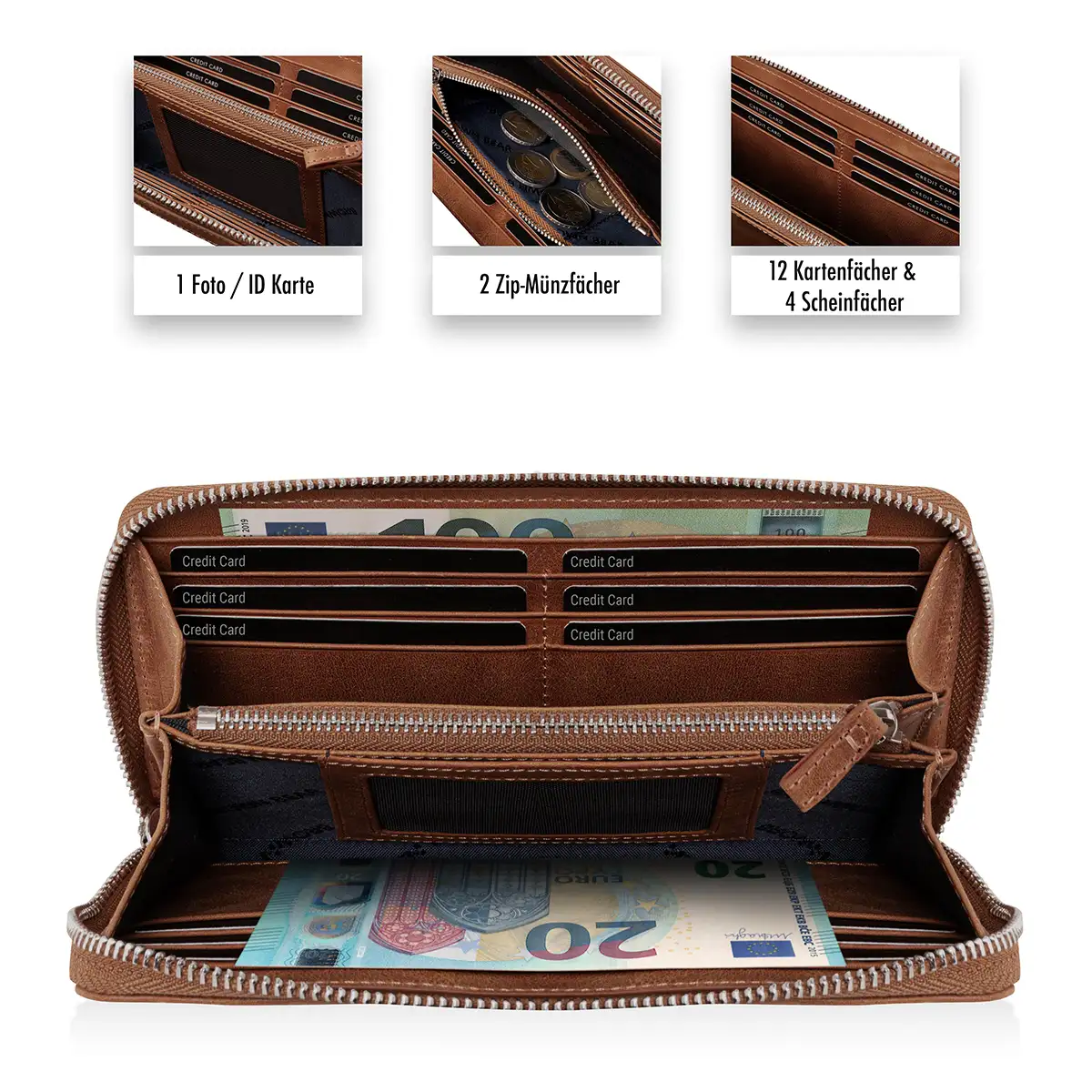 Geöffnete Braun-Vintagee Geldbörse Golf Conny aus Leder von Brown Bear mit Kartenfächern, Ausweisfach und 2 Zip-Geldscheinen