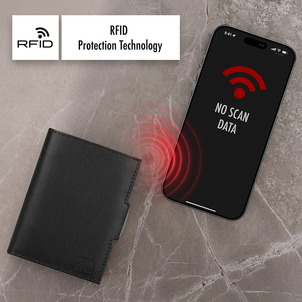 Schwarzes Slim Wallet aus Leder von Brown Bear mit RFID Schutz, verhindert kontaktloses Auslesen von Karten
