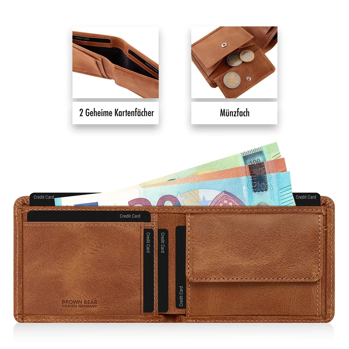 Geöffnete 8061 Geldbörse Braun-Cognac mit 6 Kartenfächern und Scheinfach