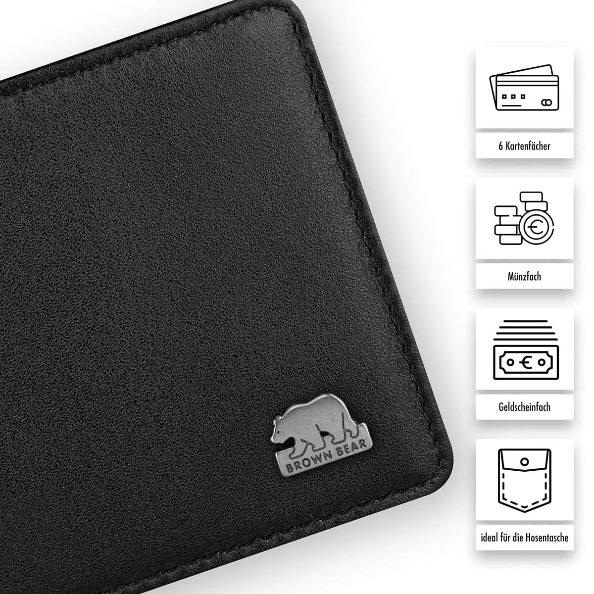 Detailaufnahme des Brown Bear Logos und Qualitätsmerkmale: 6 Kartenfächer, Münzfach, Geldscheinfach
