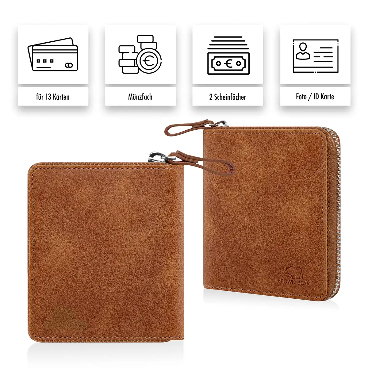 Front und Rückseitenansicht Brown Bear Classic 8009 ZIP-Geldbörse mit Qualitätsmerkmale: 13 Kartenfächer, Münzfach, 2 Geldscheinfächer