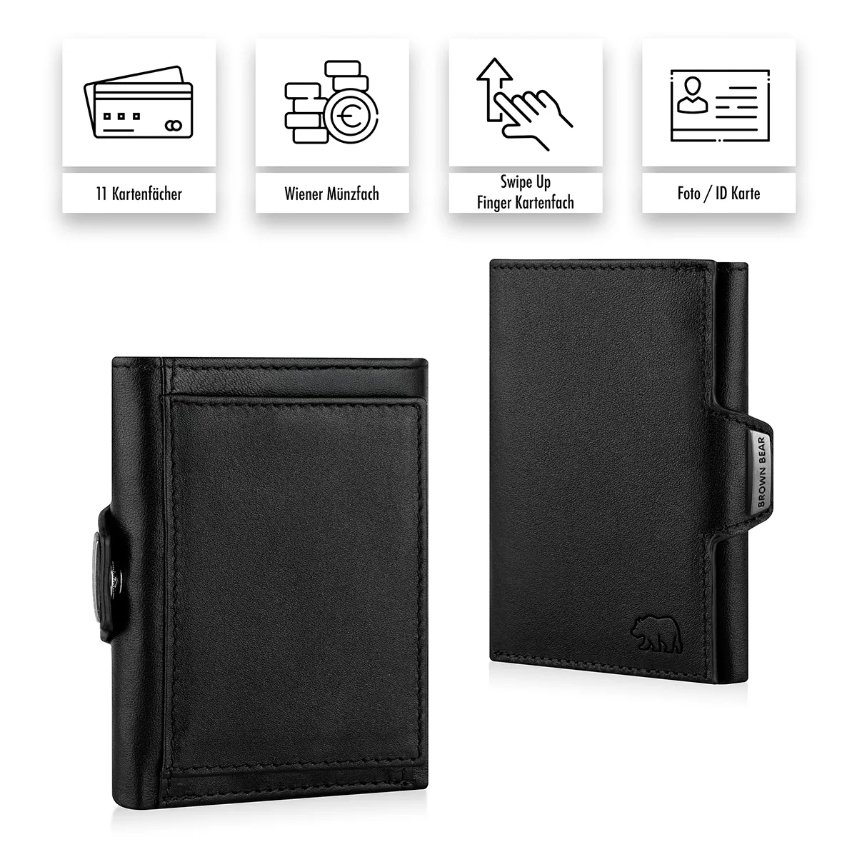 Brown Bear Bruce Slim Wallet schwarz aus Leder mit 11 Kartenfächern, Münzfach und RFID Schutz in Detailansicht