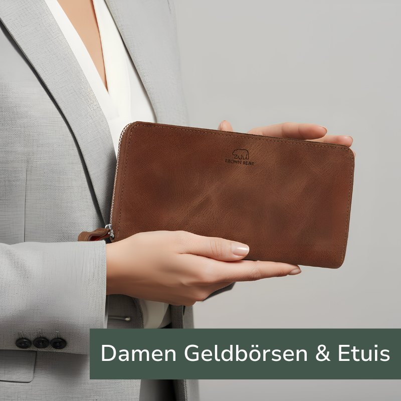 Damen Geldbörse aus braunem Leder von BROWN BEAR, elegant in Händen gehalten