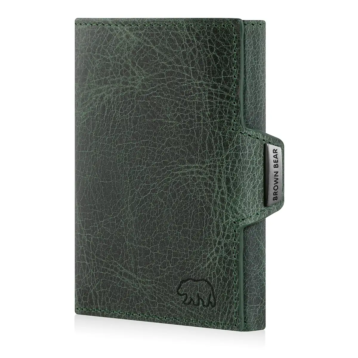 Brown Bear Bruce Slim Wallet in Olive aus Rindsleder mit Münzfach, RFID-Schutz und schlankem Hochformat.