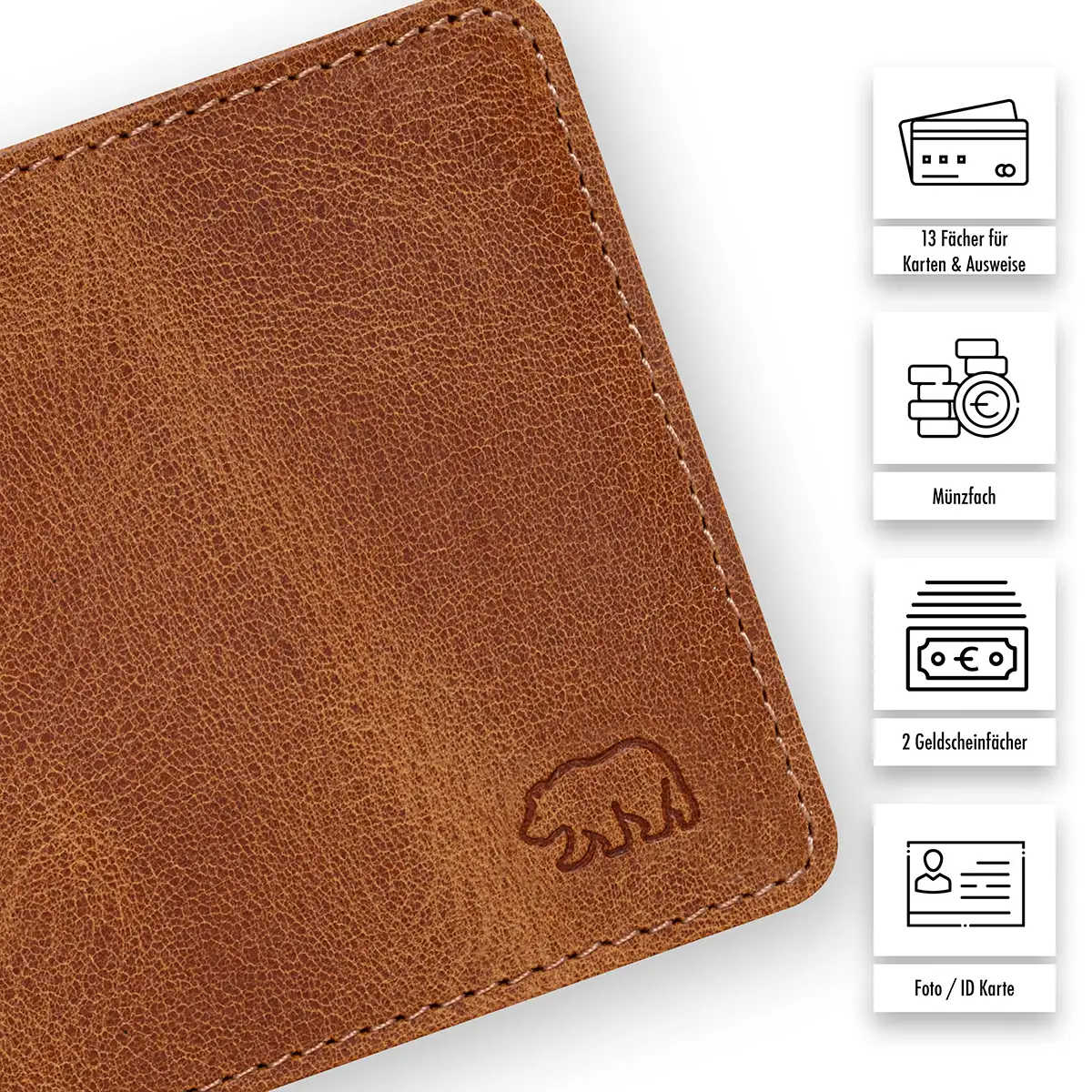 Detailaufnahme des Brown Bear Logos und Qualitätsmerkmale: 13 Kartenfächer, Münzfach, 2 Geldscheinfächer