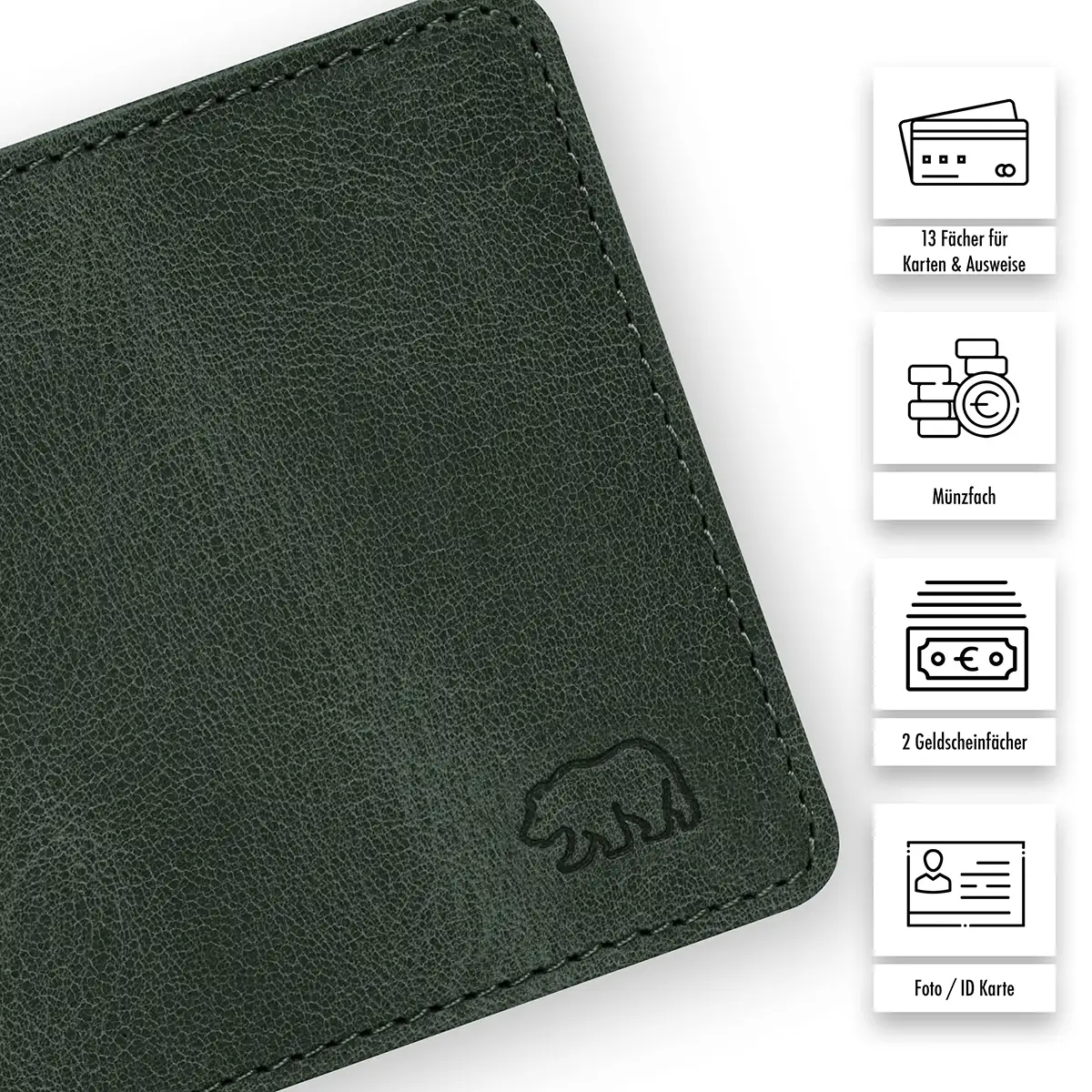 Detailaufnahme des Brown Bear Logos und Qualitätsmerkmale: 13 Kartenfächer, Münzfach, 2 Geldscheinfächer