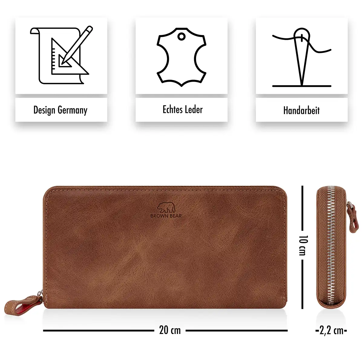 Braun-Vintage Geldbörse Golf Conny aus Leder von Brown Bear mit Maßen 20 x 10 cm und schlankem Profil von 2,2 cm in Front und Seitenansicht